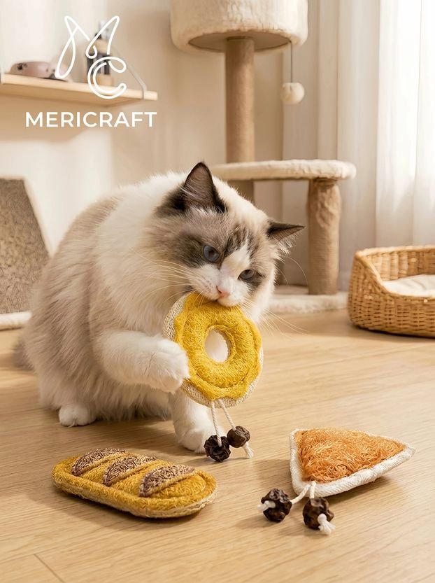 Mericraft Natural Loofah Cat Toy Dental Chew Baguette Donut Pie - Image 2